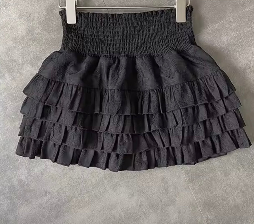 Black ruffle mini skirt