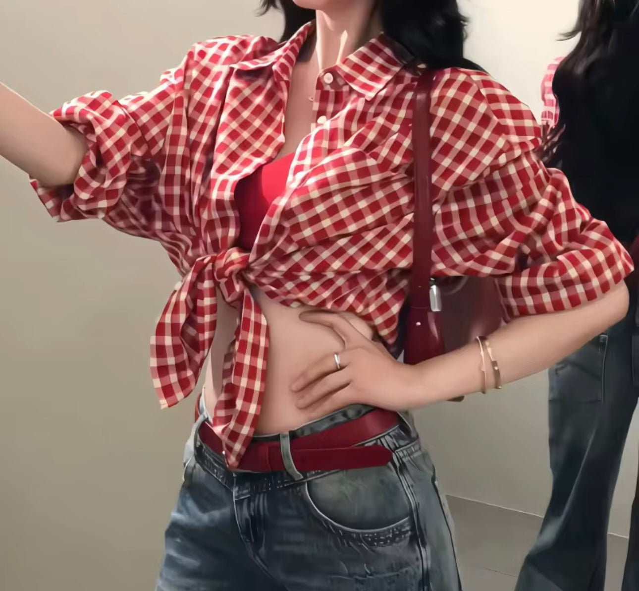 Red plaid short sleeved shirt