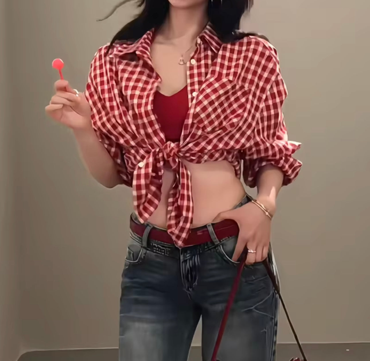Red plaid short sleeved shirt