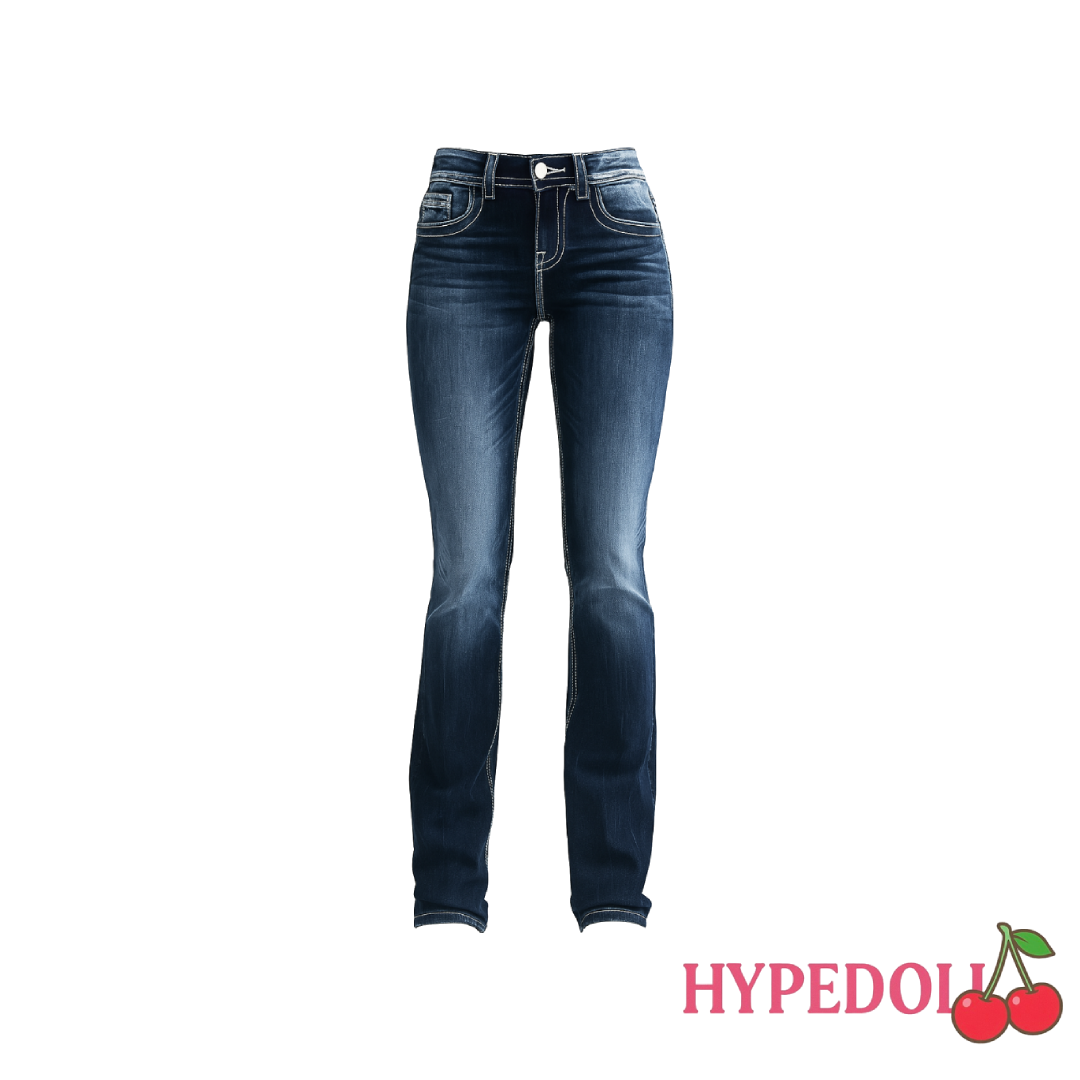 Low rise blue jeans fly flare
