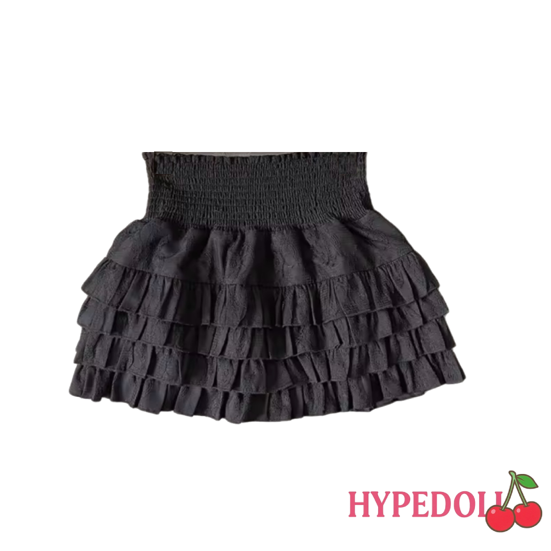 Black ruffle mini skirt