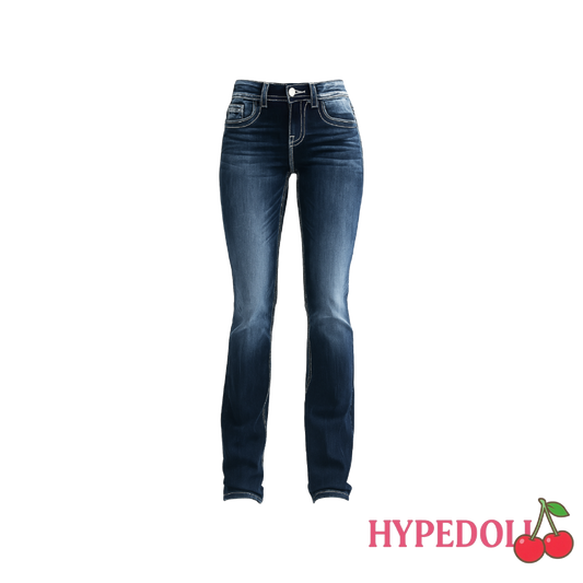 Low rise blue jeans fly flare
